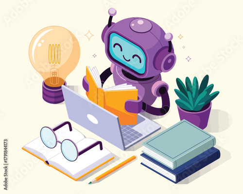 Vector illustration of a charming purple robot is actively reading a book while sitting on a laptop, symbolizing the intersection of ai and learning