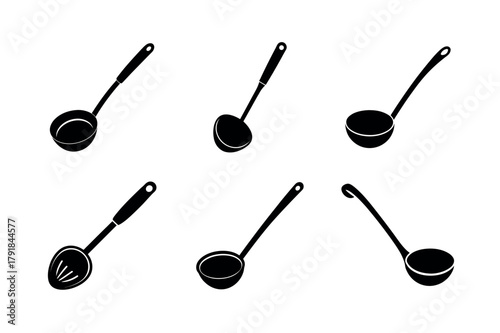 Kitchen Ladle Spoon Vector Icon Set – Slotted Serving Utensils Piktograms