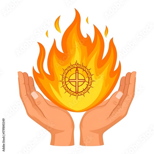 Wallpaper Mural Cartoon illustration of two hands cupping a large flame with a religious symbol at the center of the fire Torontodigital.ca