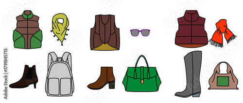 秋冬の服と小物のイラストセット　ファッションデザイン素材