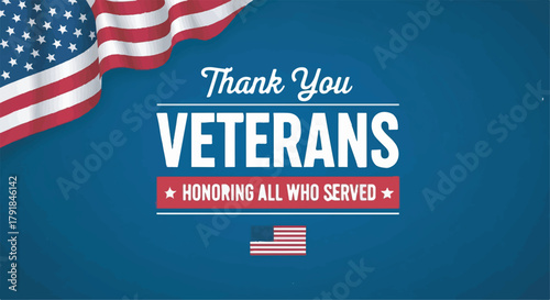 Thank You Veterans honoring all who served patriotic banner design with American flag on blue background