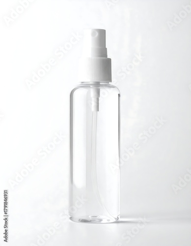 Wallpaper Mural Clear, upright spray bottle, seemingly empty, against a plain white backdrop. The focus is sharp, highlighting its clean design Torontodigital.ca