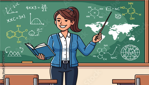 A smiling female teacher stands in front of a chalkboard filled with math equations, chemical structures, and a world map, holding a pointer and an open book.