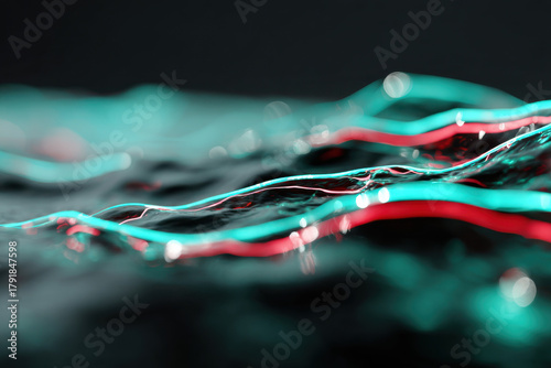Futuristic abstract liquid waves with neon reflections on dark surface