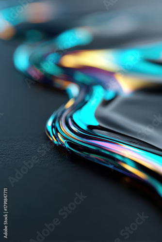 Futuristic abstract liquid waves with neon reflections on dark surface