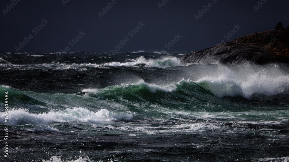 Fototapeta premium Ocean waves crashing against a dark rocky coastline with a stormy sky. travel magazines, destination branding, designed for outdoor magazines and nature guides.