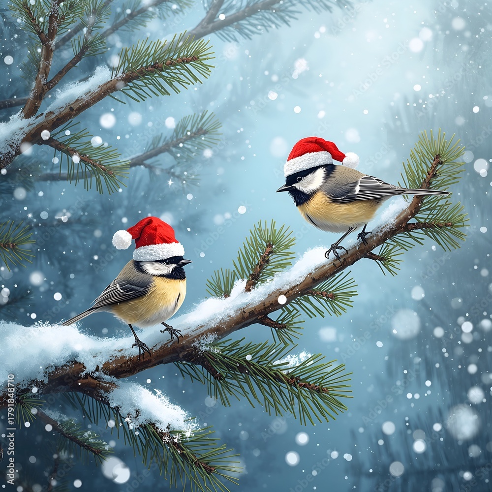 Fototapeta premium Festive Bird Friends Snowy Christmas Scene with Birds Wearing Santa Hats on a Tree Branch in a Winter Wonderland