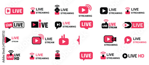 Live Streaming Icon Set – Red Stream Button, Broadcast Interface Symbols, Online News Logo Elements, Webinar and Music Channel Graphics, TV and Video Screen Vector Collection