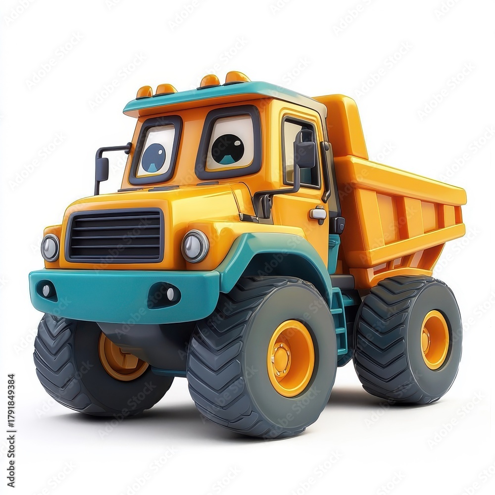 Fototapeta premium 3D cartoon dump truck, playful and vibrant, isolated on white background.