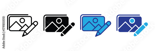 Image editing icon set: outline, solid, and color variations for photo modification app isolated on white background