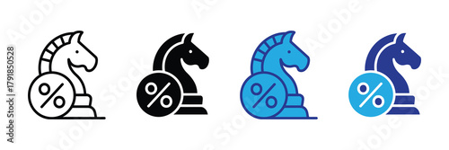 Chess knight strategy with percentage icon line and solid glyph styles in blue and black isolated on white background