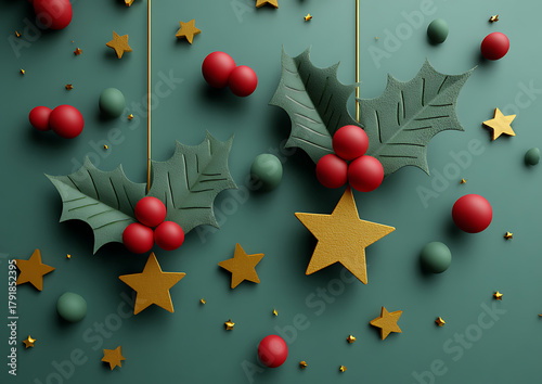 Festive Christmas background with holly leaves, red berries, and sparkling stars on a green surface. Decorative holiday design for greeting cards, posters, and seasonal celebration themes.