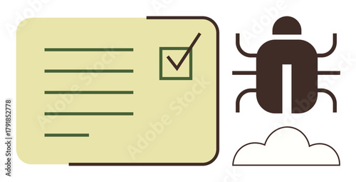 Checklist with a marked box and bug icon next to a cloud shape suggesting error tracking, debugging, and cloud solutions. Ideal for workflow, quality control, IT management, software testing, cloud