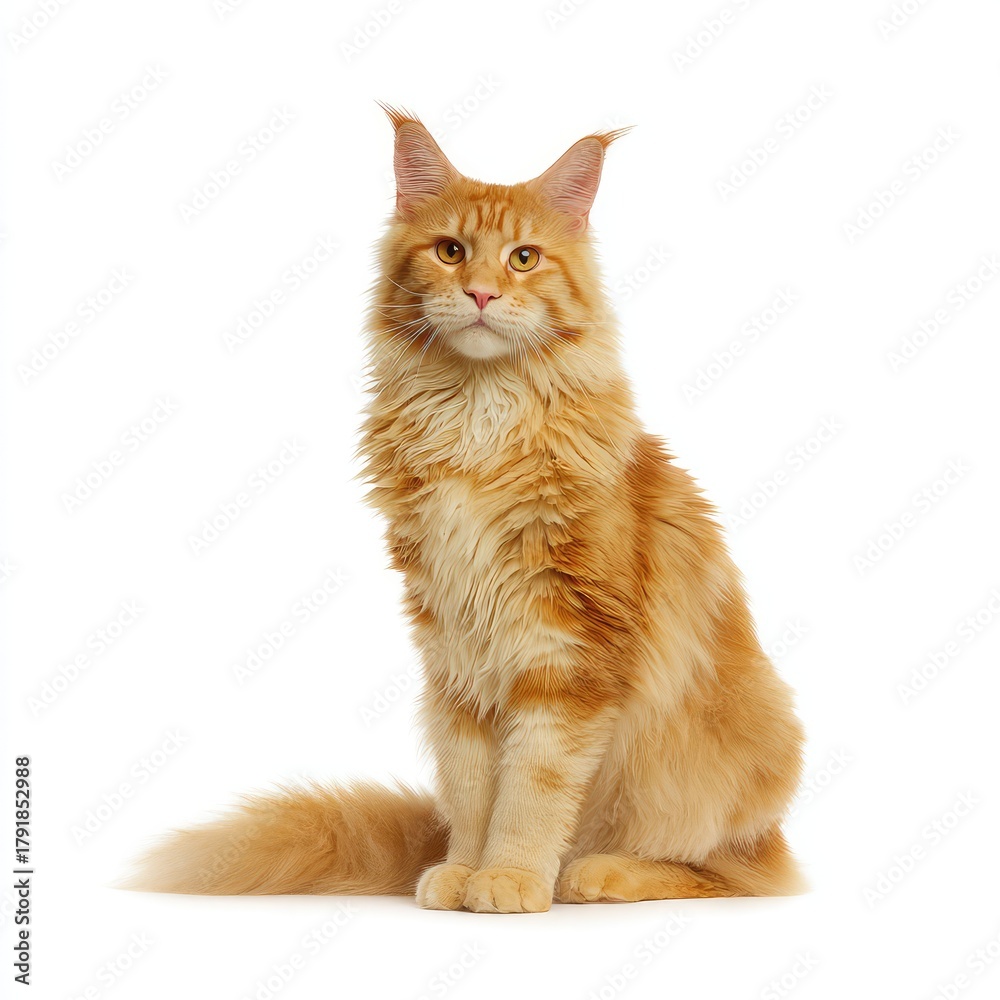 Obraz premium Beautiful ginger Cat looks at the camera. Kitten close-up on white background. Without people. Pet shop. Indoor cat. Copy space. World Pet day. Pet store poster design. 