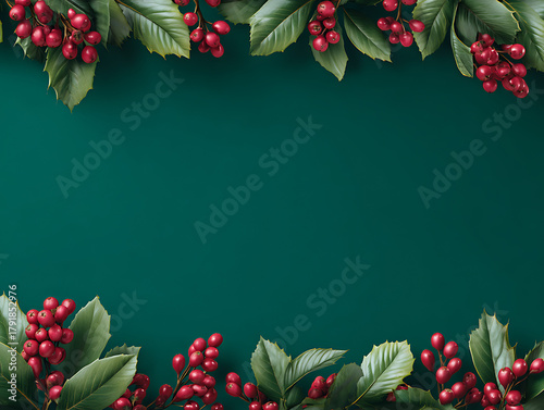 Festive Christmas background with holly leaves, red berries, and sparkling stars on a green surface. Decorative holiday design for greeting cards, posters, and seasonal celebration themes.
