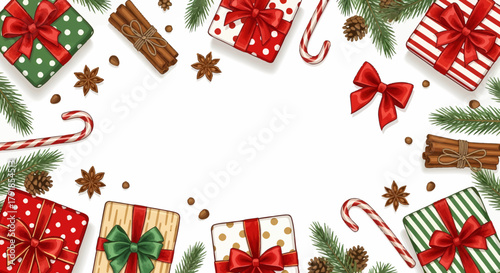 Capture the magic of the holidays with this festive frame featuring beautifully wrapped gifts, winter spices, and pine branches, perfect for adding a touch of Christmas cheer.