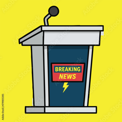 Illustration of a podium with a breaking news sign on a yellow background.
