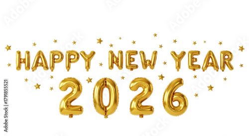 Canvastavla Golden happy new year 2026 balloons with sparkling stars on a black background