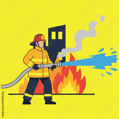 A firefighter in protective gear sprays water from a hose to extinguish a building fire with flames and smoke.