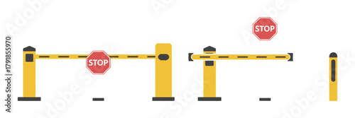 Car Barrier Gate Vector Set – Open and Closed Barriers with Stop and Park Signs, Automatic Parking Gate, Road Block Barricades, Access Control System, and Payment Machine Illustration