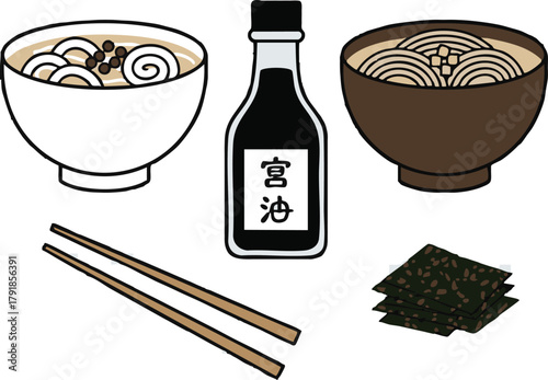 An illustration featuring two bowls of Japanese noodles, a bottle of soy sauce, a pair of wooden chopsticks, and stacked sheets of dried nori seaweed.