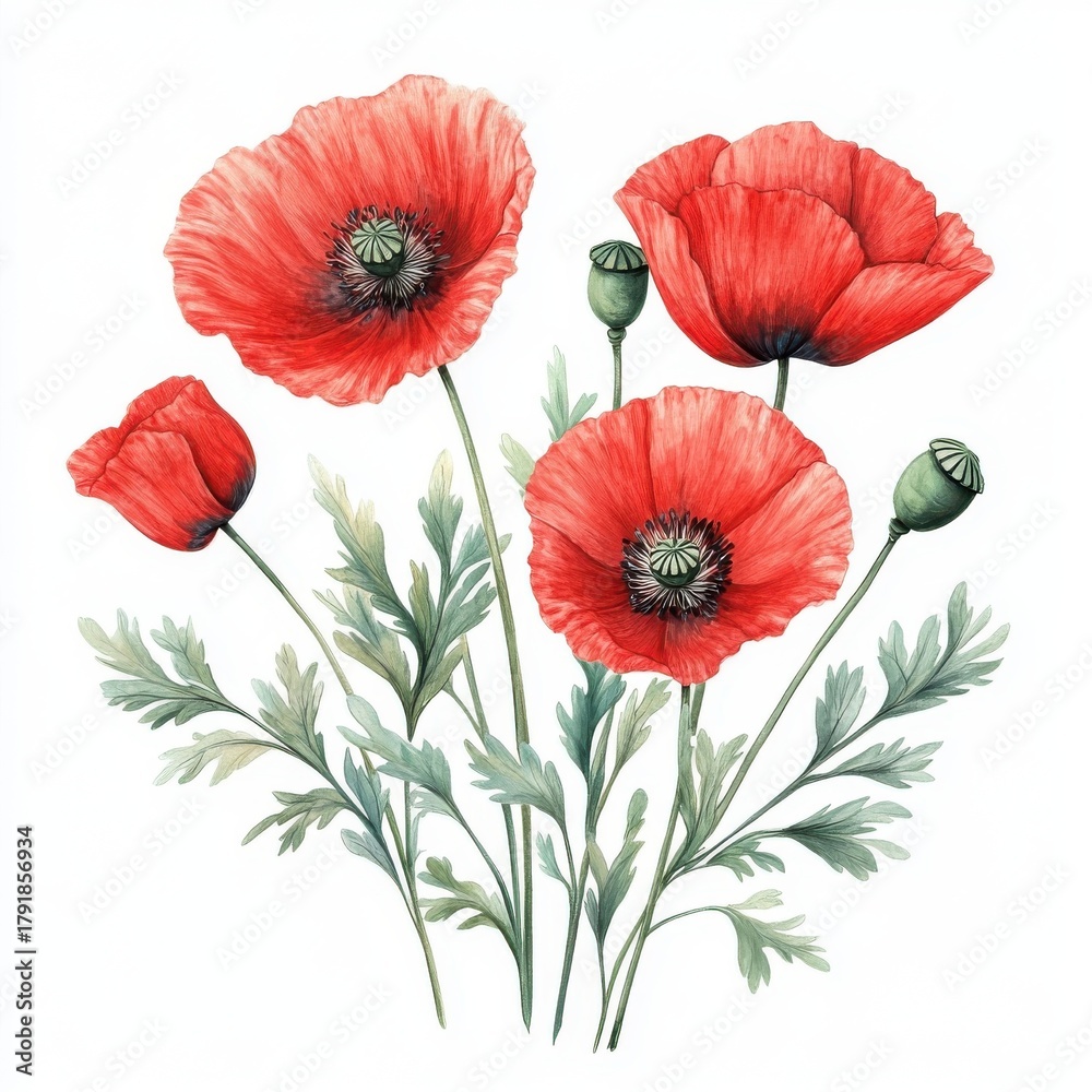 Obraz premium Vibrant poppy flowers with green leaves, isolate on white background.