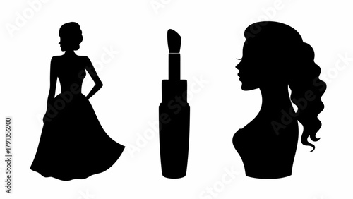 Elegant silhouettes of a woman in a ball gown and a stylish profile, alongside a sleek lipstick applicator, evoke glamour and beauty.