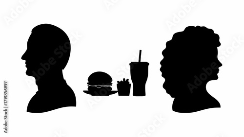 Diverse silhouettes sharing fast food meals, representing connection, modern dining, and social interaction in a stylized visual