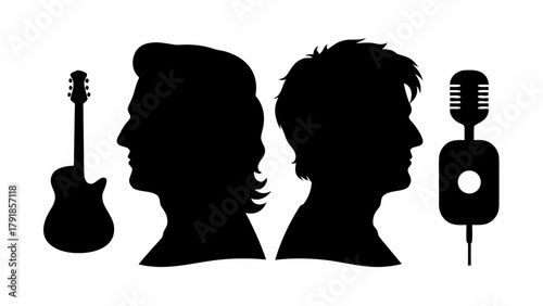 Iconic musicians silhouette profiles with guitar and microphone represent music legends and creative expression for dynamic visual projects