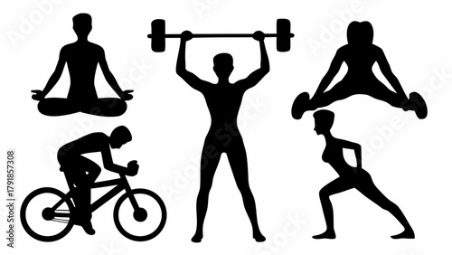 Dynamic silhouettes capture diverse fitness activities like yoga, cycling, weightlifting, and stretching for health inspiration