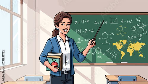 Smiling teacher stands in front of a chalkboard with equations, holding books and pointing with a pointer in a classroom.