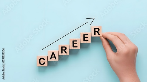 Career Growth Concept with Wooden Blocks and Hand  Professional Success and Development Idea