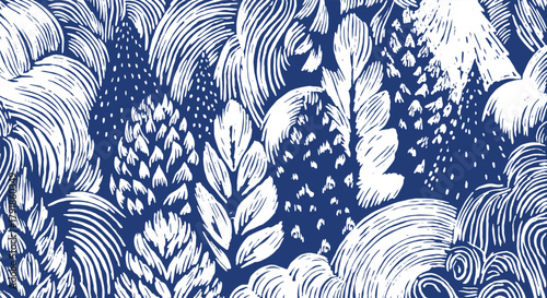 Dense, botanical pattern featuring hand drawn foliage and stylized pine shapes with expressive woodcut lines. Bold white silhouettes on a deep indigo background create a high-contrast nature design.