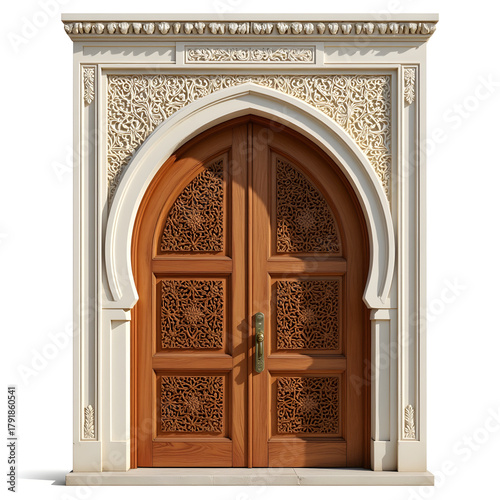 Ornate Moroccan arched door showcasing intricate carvings, elegance
