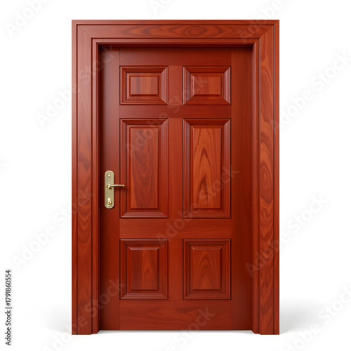 Realistic mahogany wooden door showcasing rich reddish-brown finish, design appeal