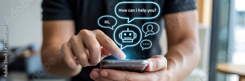 Close up of a man using his smartphone to interact with a chatbot, receiving assistance and support through virtual assistant technology