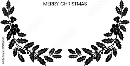 Merry christmas holly branch frame for holiday greeting card