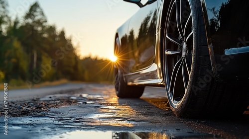 Gleaming black vehicle's side, rim, and tire glistens on wet road. Golden sunset illuminates trees in the distance