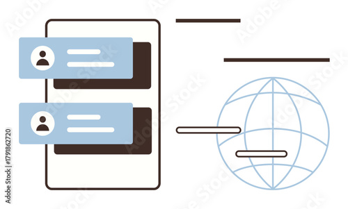 Mobile screen with chat messages and user profiles alongside a globe symbolizing global network connectivity. Ideal for communication, technology, networking, collaboration, globalization, data