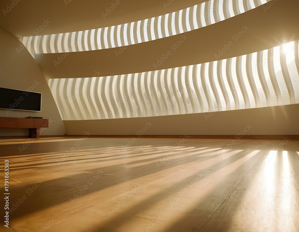 Obraz premium Illuminated wavy lines representing airflow or purified air move across a sunlit interior space.