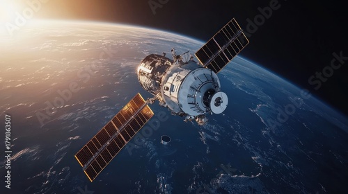A detailed image of a satellite in orbit with solar panels, a detailed body and Earth in the background, lit by the sun