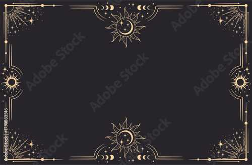 Vector black celestial frame with stars, sun and a copy space. Banner with an elegant border and a place for text