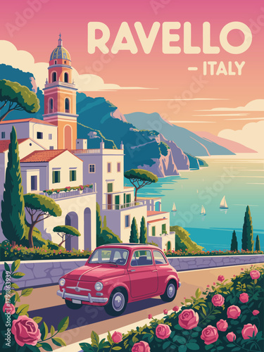 Ravello Italy Retro Travel Poster – Amalfi Coast Resort Scene with Road Trip Vintage Car, Mediterranean Mountains, Seaside Town, Sailboat, and Romantic Coastal Landscape Illustration