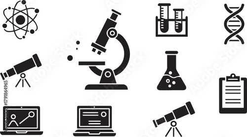Abstract scientific laboratory illustration with geometric shapes and data visualization elements
