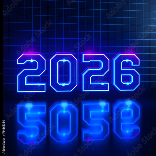 Futuristic neon glowing 2026 number displayed with digital grid background and reflection