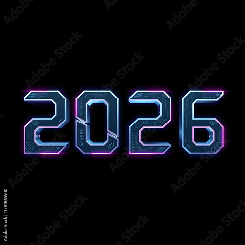 Futuristic glowing neon digital year 2026 text on black background