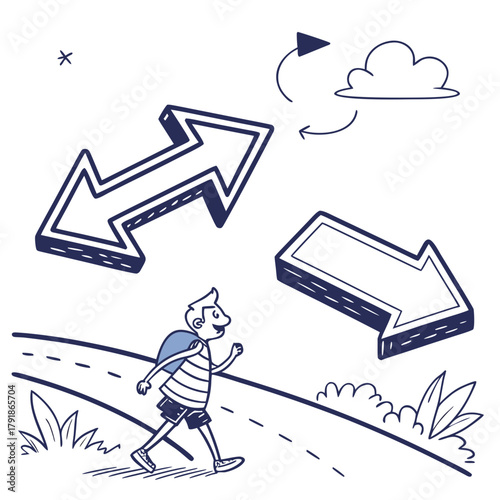 A boy walking on a road with arrows and a cloud above him indicating direction and possibilities