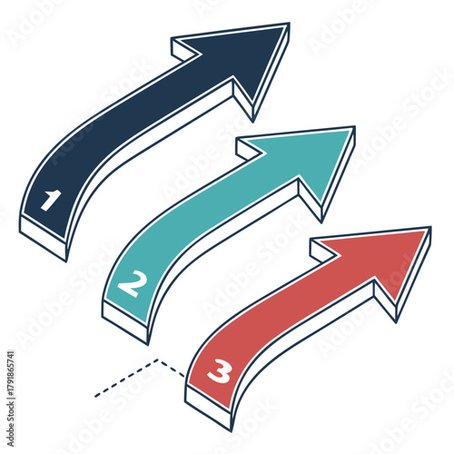 Three dimensional arrows pointing upwards showing steps one two and three with a white background design is simple