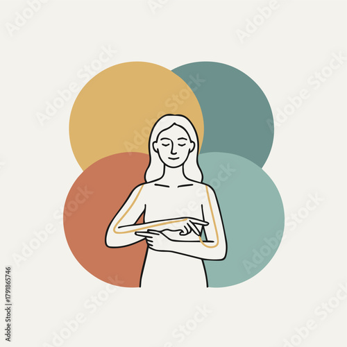  Reconnecting With the Body

A gender-neutral figure tracing a gentle line along their own arm, bold minimal strokes, representing body awareness and mindful touch. 