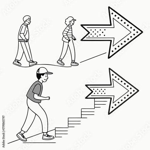 People following arrows, one walking on ground, one climbing stairs, both heading to the right side